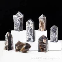 Natural crystal ore, black sparkling zinc mineral crystal cluster, single pointed crystal pillar